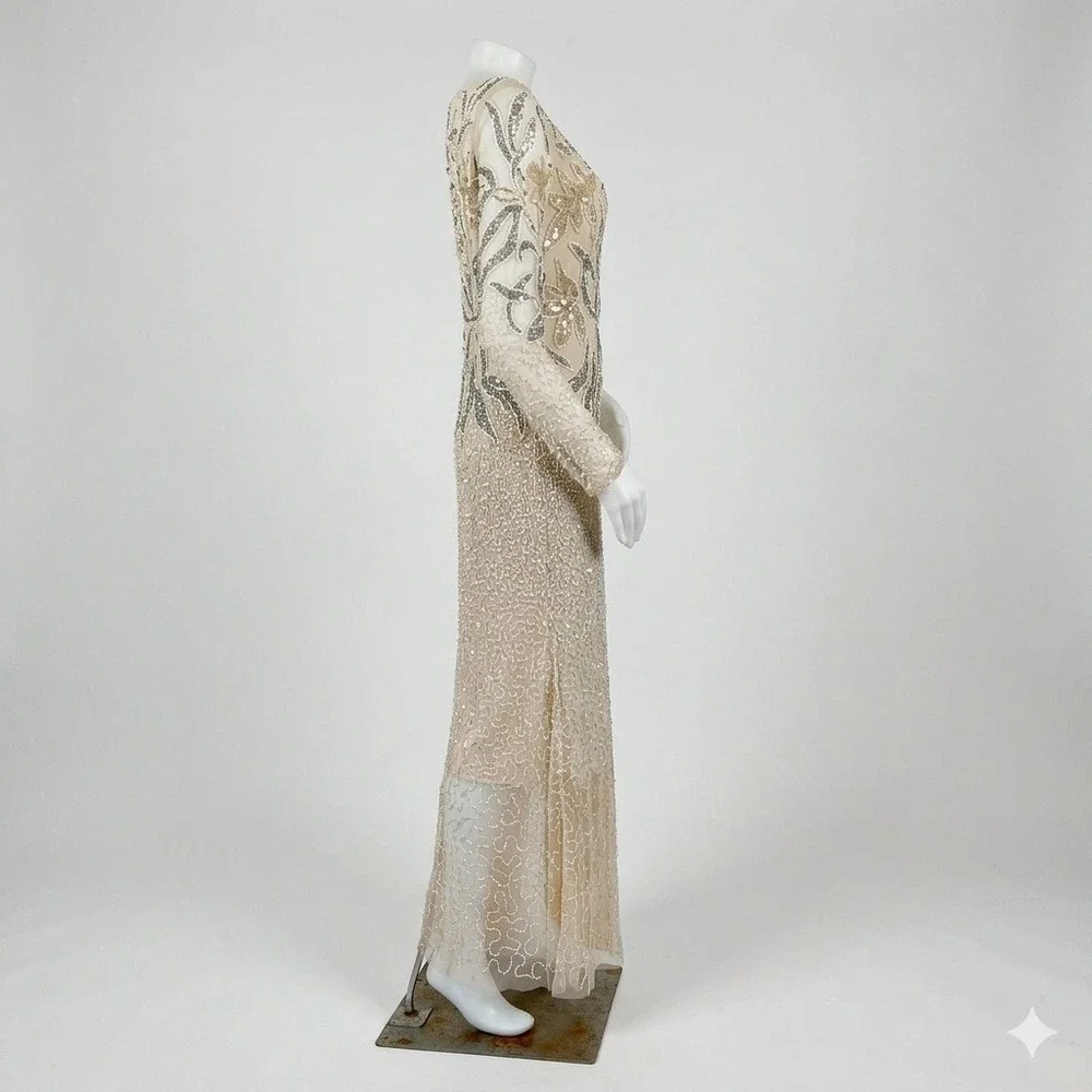 Adrianna Papell Embellished Illusion Gown Beaded Floral Sequin Sz 6  Maxi Modest - Picture 5 of 9